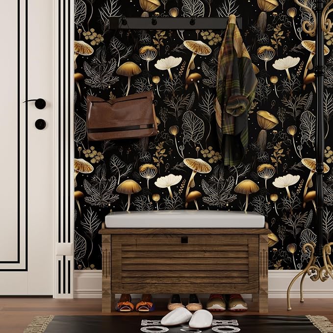 Laatse Boho Wallpaper Peel and Stick Dark Floral Contact Paper 17.5" x 118" Vinyl Self Adhesive Vintage Mushrooms Wall Mural Leaf Wall Paper for Room Countertop Drawer Decor(Golden,Black)