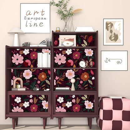 Fvlow Red Pink Floral Wallpaper Peel and Stick 17.4" X 118" Dark Red Gothic Witchy Contact Paper Flower Removable Covering for Bedroom Cabinet Bathroom Vintage Retro Goth Home Decor