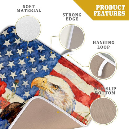 4th of July American Flag Eagle Dish Drying Mat for Kitchen Counter 16x18 Patriotic Floral Memorial Day Absorbent Reversible Microfiber Drying Mats Kitchen Countertop Protector Dishes Drainer Pad