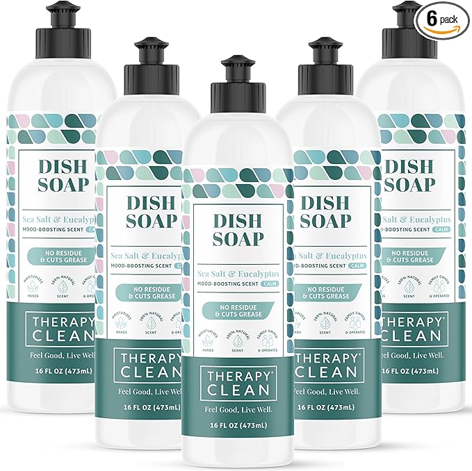 Therapy Clean Dish Soap Sea Salt & Eucalyptus (6-Pack) - Dish Detergent Liquid, Dishwashing Liquid, Dishwasher Soap, Natural Dish Soap Refill, Dishsoap, Dish Washing Liquids, Bottle Soap