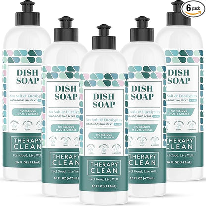 Therapy Clean Dish Soap Sea Salt & Eucalyptus (6-Pack) - Dish Detergent Liquid, Dishwashing Liquid, Dishwasher Soap, Natural Dish Soap Refill, Dishsoap, Dish Washing Liquids, Bottle Soap