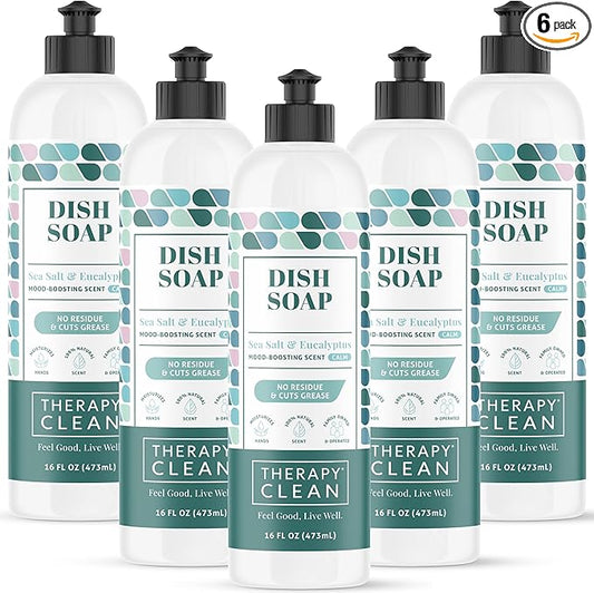 Therapy Clean Dish Soap Sea Salt & Eucalyptus (6-Pack) - Dish Detergent Liquid, Dishwashing Liquid, Dishwasher Soap, Natural Dish Soap Refill, Dishsoap, Dish Washing Liquids, Bottle Soap