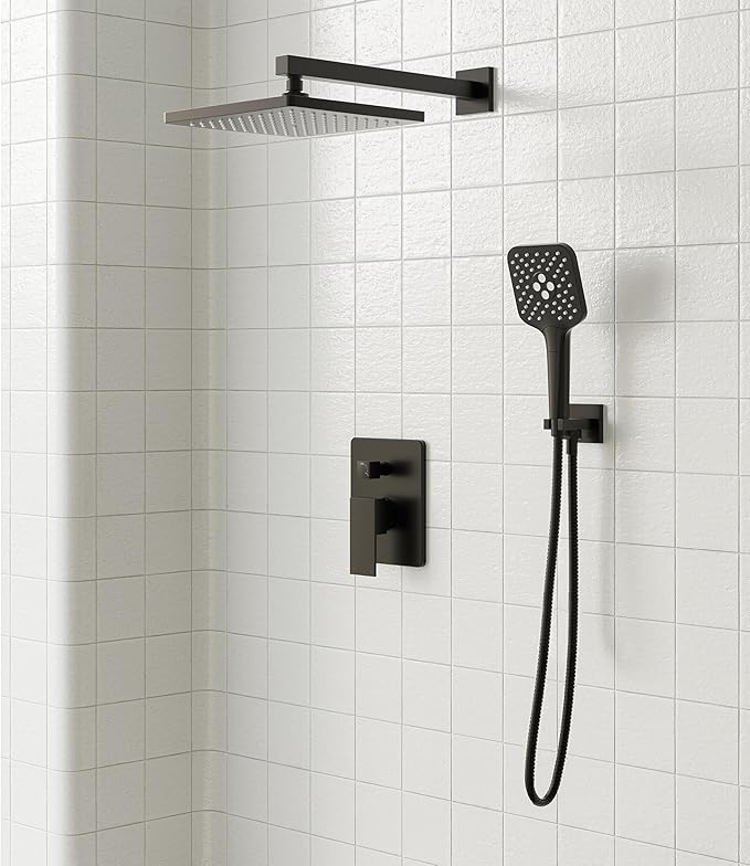 Gabrylly Shower System, 10 Inches Rain Shower Heads with Handheld Spray Combo, Wall Mounted Shower Faucets Sets Complete with Shower Valve Kit, Shower Head and Handle Set, Matte Black