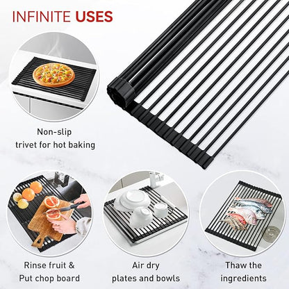 MERRYBOX Roll Up Dish Drying Rack, Silicone Wrapped Over The Sink Dish Rack Foldable Dish Drainer Anti-Slip Dish Racks for Kitchen Counter, Multipurpose Kitchen Sink Drying Rack, 18" x 13", Black