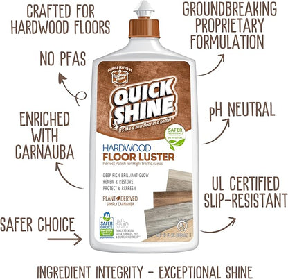 Quick Shine Hardwood Floor Cleaner & Wood Floor Polish w/Plant-Derived Carnauba 27oz Bottles,Removes Scratches,Safer Choice,A Clean That Can Be Seen,(Pack of 4)