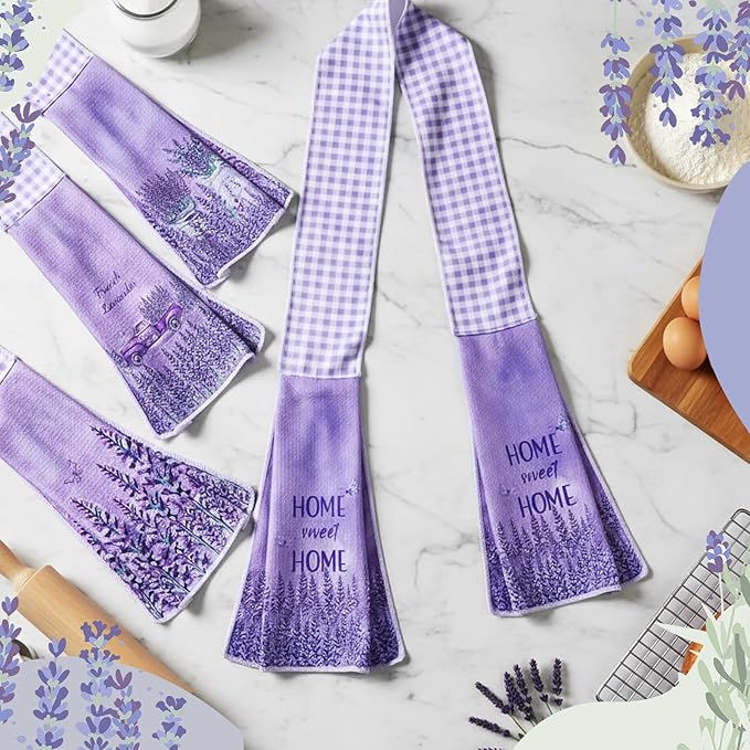 4 Pack Lavender Kitchen Scarf Boa Dish Towel Decor 4 x 68 Inch for Holiday Cooking Baking Accessories Plaid Cotton