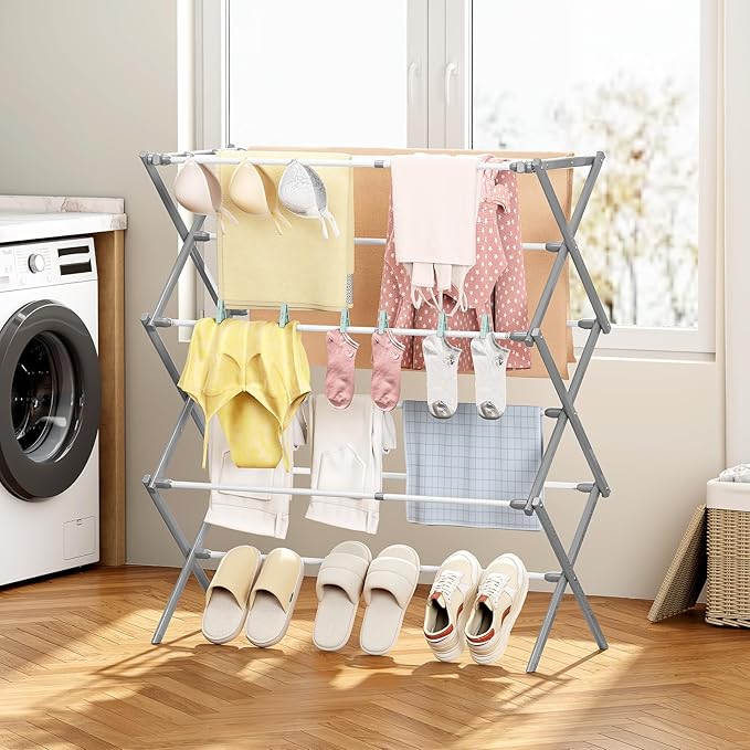 KINGBOARD Clothes Drying Rack, Collapsible Drying Rack Clothing with 11 Poles, 3-Tier Laundry Drying Rack, Small Clothes Drying Rack Foldable for Baby Clothes, 25lb Capacity, Grey