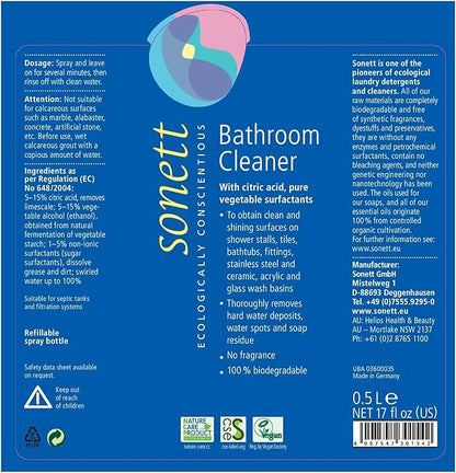 Sonett Organic Bathroom & Shower Cleaner Spray Removes lime scale deposits in hard-to-reach places and cleans fittings, stainless steel, floor tiles and shower walls (17 fl. oz. Pack of 6)