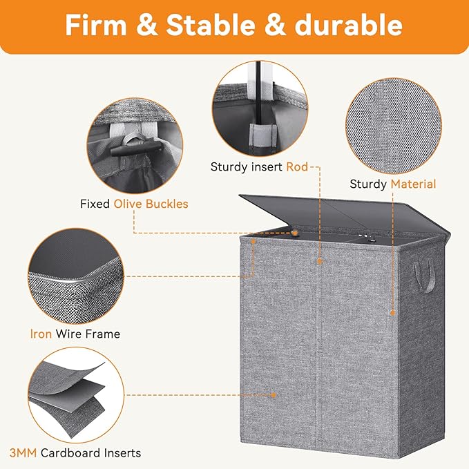 Chrislley 140L Laundry Hamper 2 Section, Double Laundry Basket with Lid, Large Dirty Clothes Hamper with Removable Liner Bags, Collapsible Laundry Organizer for Bedroom, Dorm,Grey