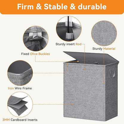 Chrislley 140L Laundry Hamper 2 Section, Double Laundry Basket with Lid, Large Dirty Clothes Hamper with Removable Liner Bags, Collapsible Laundry Organizer for Bedroom, Dorm,Grey