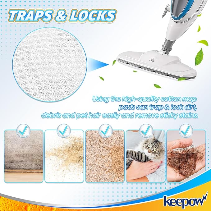 KEEPOW Heavy-Duty Steam Mop Pads for PurSteam ThermaPro 10-in-1, Extra Thick & Highly Absorbent Microfiber, Washable Reusable Replacement Pads for Deep Cleaning - 4 Pack