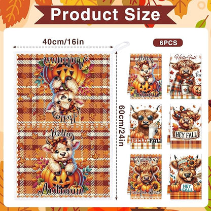 Highland Cow Fall Kitchen Towels, 6PCS Hey Fall Dish Towels Pumpkin Maple Leaf for Cooking Cleaning, Thanksgiving Autumn Decorative Tea Towel for Home Kitchen Bathroom(16 X 24 Inches)