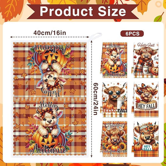 Highland Cow Fall Kitchen Towels, 6PCS Hey Fall Dish Towels Pumpkin Maple Leaf for Cooking Cleaning, Thanksgiving Autumn Decorative Tea Towel for Home Kitchen Bathroom(16 X 24 Inches)