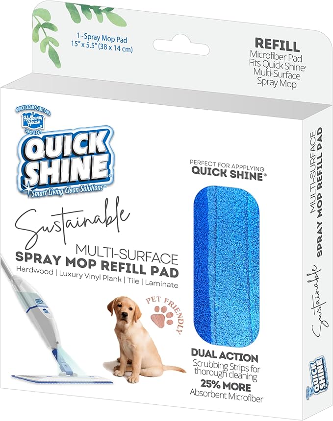 Quick Shine Spray Mop Refill Pad 15"W x 5.5"D | Washable & Reusable | Dual Action Scrubbing Strips for Thorough Cleaning | Highly Absorbent Microfiber | Use w/Quick Shine Multi-Surface Spray Mop