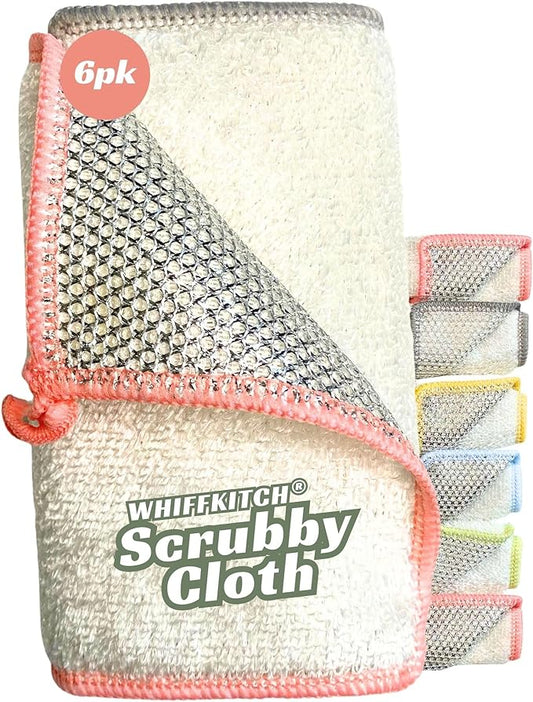 Whiffkitch® Scrubby Cloth – 6-Pack, Dishcloths, Dishrags for Kitchen and Household Cleaning 6x7, 2-Sided, Non-Scratch, Bamboo-Rayon, Scrub Mesh, Quick Dry, Washable, Reusable