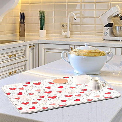 Happy Valentine’s Day Dish Drying Mat for Kitchen Countertop 18x24 Love Heart Red Pink Large Drying Mat Reusable Quick Dry Dish Sink Mats Easy Clean Decorative Essentials