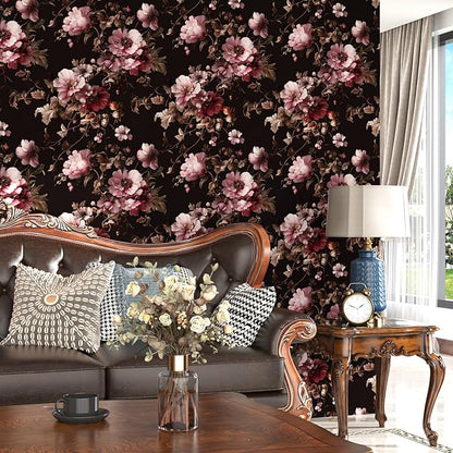 Black Floral Wallpaper Peel and Stick Pink Peony Vintage Flowers with Dark Brown Leaf Vinyl Self Adhesive Removable Contact Paper Wall Mural for Bedroom Walls Living Room Cabinets Decor 17.5" x 118"