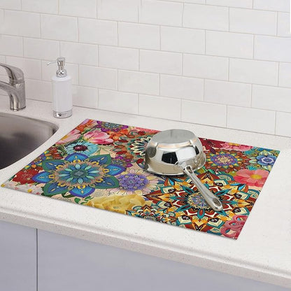 Boho Floral Dish Drying Mat for Kitchen Counter, 18 x 24 Inch Microfiber Dish Mats for Drying Dishes, Absorbent Dish Drying Pad Mandala Rack Mat Kitchen Decor Dish