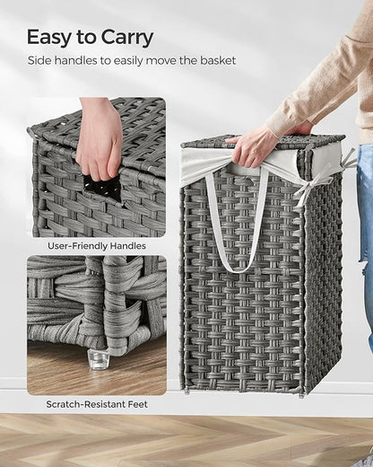 SONGMICS Laundry Hamper with Lid, 23.8 Gallon (90 L) Synthetic Rattan Clothes Laundry Basket with Lid and Handles, Foldable, Removable Liner, Dove Gray ULCB51WG