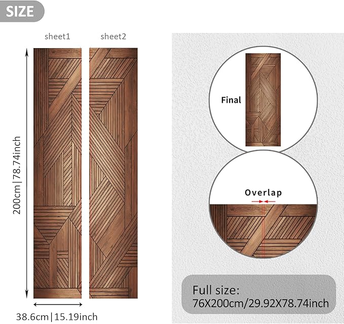 Alwayspon 30x78.7inch Geometric Wood Self-Adhesive Door Stickers Murals Decals, Art Vinyl Peel and Stick Removable Door Poster Wallpaper for Bedroom Home Decor