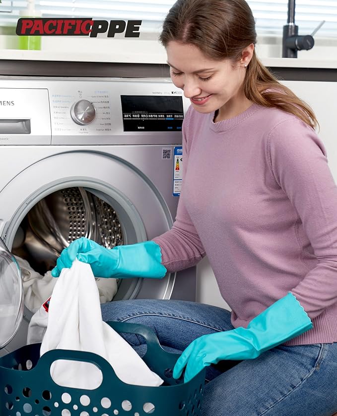 PACIFIC PPE Cleaning Gloves with Latex free, Dishwashing Kitchen Gloves with Cotton Flocked Liner, Reusable, Non-Slip, Water Resistant Household Gloves, Green, Medium