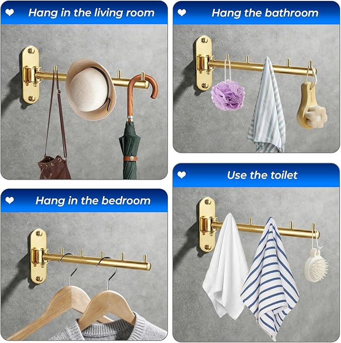 Wall Mounted Clothes Drying Rack, Foldable Drying Rack Clothing, Space Saving Laundry Hanger with 180°Swing Arm, Stainless Steel 304, Clothes Hanger Rack for Bathroom Closet Valet Rod