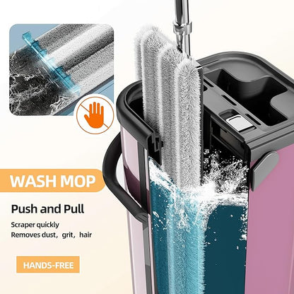 Flat Mop and Bucket for Home with Extra Refills, Stainless Steel Mop and Bucket with Wringer, Hands-Free Mop, Wet and Dry Use Mop with Long Handle (Purple)