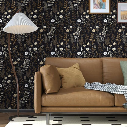 Extra Long Moody Floral Wallpaper Peel and Stick, 17.5In x 393In Black Dark Gold Botanical Removable Contact Paper for Bedroom Bathroom Kitchen Cubicle, Boho Flower Wall Paper Brown Taupe