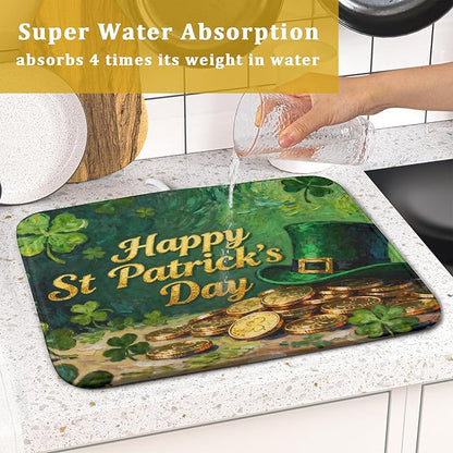 St Patrick's Day Dish Drying Mat for Kitchen Counter 16x18 Gold Green Lucky Clover Hat Coin Happy Holiday Absorbent Reversible Microfiber Drying Mats Kitchen Countertop Protector Dishes Drainer Pad