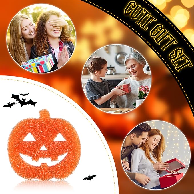 Umigy 12 Pcs Halloween Cleaning Sponges Cute Kitchen Scrub Sponges Ghost Bat Pumpkin Cat Sponge Temperature Sensitive Non Scratch Household Cleaning Sponges Scrubber for Dish Pots and Pans Dishwashing