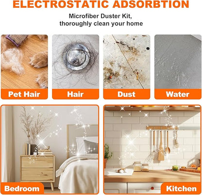 Professional Microfibre Dusters for Cleaning | Duster with Extension 100" | Cobweb Remover Duster Kit with 4 Washable Heads | Bendable Feather Duster for High Ceilings,Fans & Hard-to-Reach Areas,9PCS