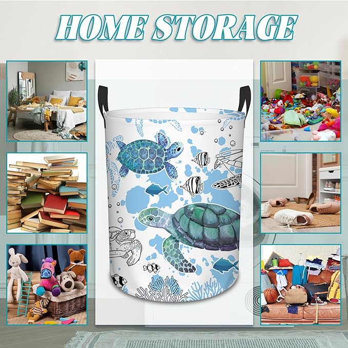 Sea Turtles Laundry Basket, Laundry Hamper Basket Ocean Theme Round Clothes Basket, 43L Collapsible Storage Organizer Bin with Handles for Toys, Gift for Chritsmas Thanksgiving 13.8x17.7in