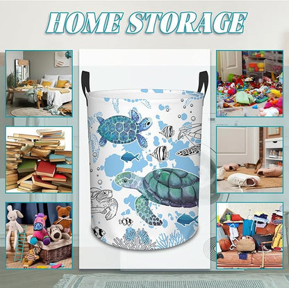 Sea Turtles Laundry Basket, Laundry Hamper Basket Ocean Theme Round Clothes Basket, 43L Collapsible Storage Organizer Bin with Handles for Toys, Gift for Chritsmas Thanksgiving 13.8x17.7in