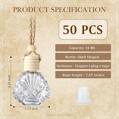 BBTO 50 Pcs Hanging Car Air Freshener Car Diffuser Bottles Empty Glass Perfume Bottle Freshener Diffuser Bottle Pendant for Essential Oil Fragrance Aromatherapy Ornament(Shell)