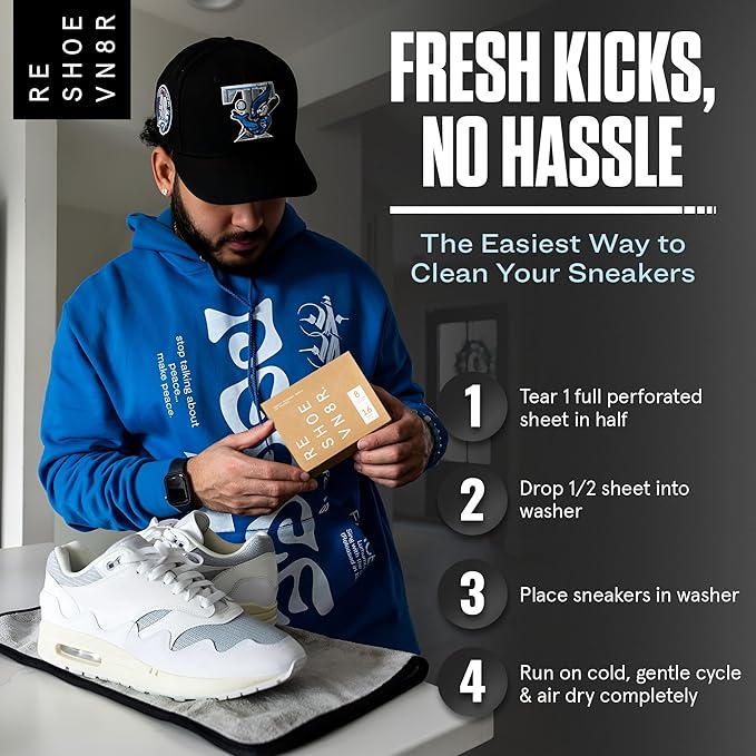 RESHOEVN8R Shoe Wash Detergent Sneaker Laundry Sheets – 16 Loads, Cleans 48 Shoes – Eco-Friendly Shoe Cleaner for Washer – Safe on All Shoes, Laces and Other Shoe Materials