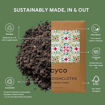 RECYCO Swedish Dishcloths for Kitchen | 6 Pack Boho Mosaic Bliss Washable Dish Rags | Cellulose Reusable Cleaning Paper Towels | Absorbent Counter Dish Cloth Sponge Kitchen Wipes, 8" L x 7" W