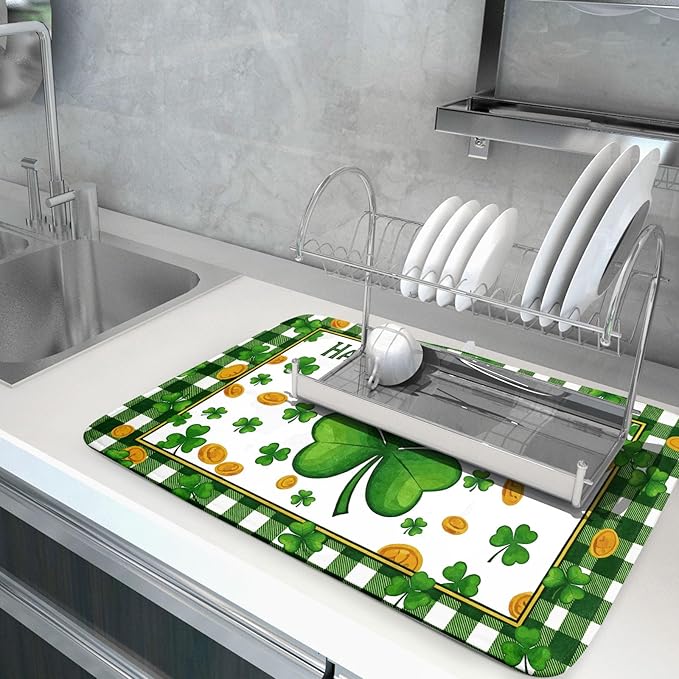 Happy St. Patrick's Day Green Dish Drying Mat 18 x 24 Inch With Absorbent Reversible Microfiber Lucky Clover Shamrock Buffalo Check Plaid Drying Spring Dish Drainer Mat Fast Dry For Kitchen