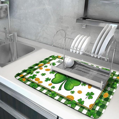 Happy St. Patrick's Day Green Dish Drying Mat 18 x 24 Inch With Absorbent Reversible Microfiber Lucky Clover Shamrock Buffalo Check Plaid Drying Spring Dish Drainer Mat Fast Dry For Kitchen