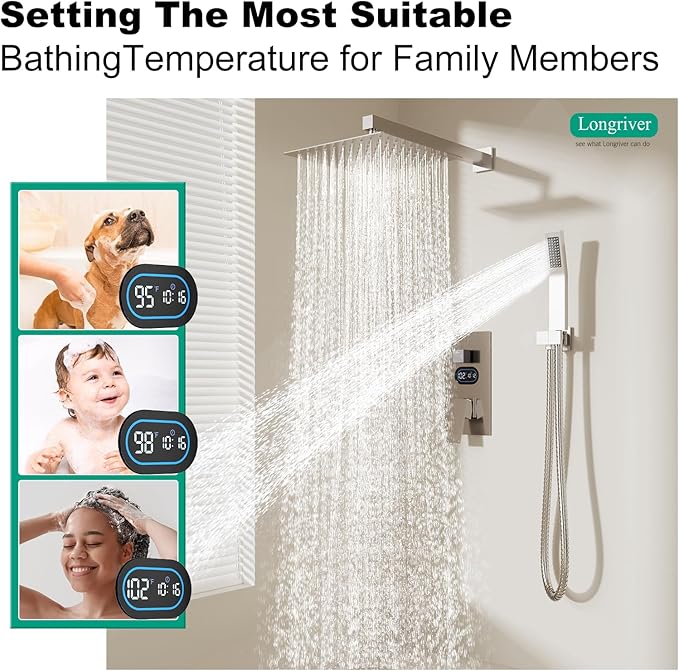 Shower Faucet Set with Hydro Power Temperature Display, Shower System Bathroom 12 Inches Shower Head with Handheld Spray, Wall Mounted Shower Fixtures with Shower Valve and Trim Kit, Brushed Nickel