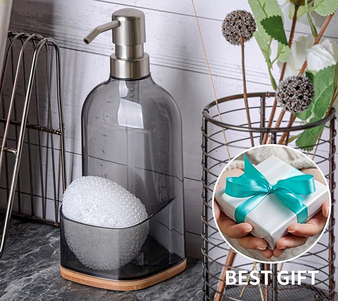 Kitchen Soap Dispenser with Sponge Holder, Refillable Acrylic Dish Soap Dispenser 17oz for Kitchen Sink and Bathroom, Anti Slip, Countertop Home Decor (Grey)
