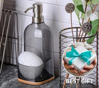 Kitchen Soap Dispenser with Sponge Holder, Refillable Acrylic Dish Soap Dispenser 17oz for Kitchen Sink and Bathroom, Anti Slip, Countertop Home Decor (Grey)