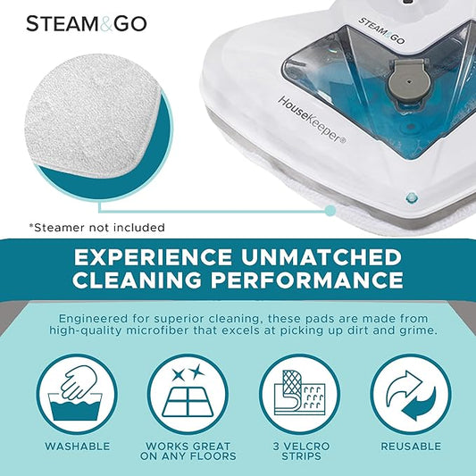 Steam & Go Premium Microfiber Pads for Steam Mops, Floor Steamers, and Carpet Steamers - Washable & Reusable - 2 Pack