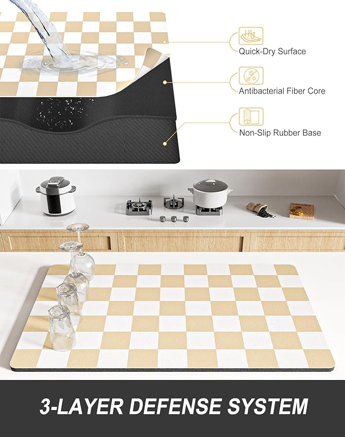 Rnivvi Dish Drying Mat for Kitchen Counter, XL 15 x 24" Cute Checkered Absorbent Draining Pad, Non-Slip Heat Resistant Coffee Bar Mat for Coffee Machine Station Accessories, Beige White Dish Rack Pad