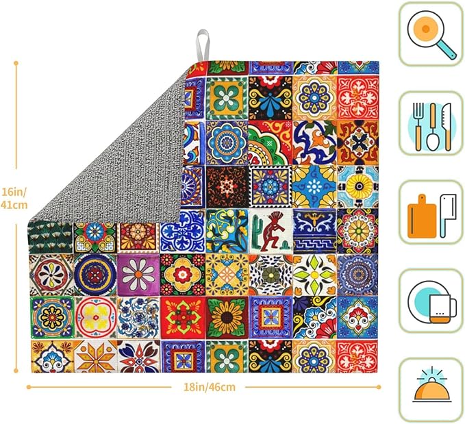 Bohemian Chic Floral Dish Drying Mat, Highly Absorbent Microfiber Kitchen Counter Pad Reusable Washable, 16*18"