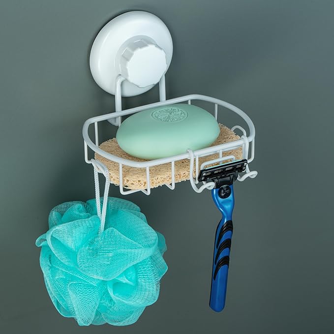 HASKO Suction Cup Soap Dish for Shower Wall, Rustproof Stainless Steel, Shower Soap Holder with Hooks for Bathroom, Includes Optional No Drill Adhesive Mount and Soap Saver, White