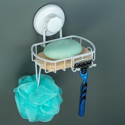 HASKO Suction Cup Soap Dish for Shower Wall, Rustproof Stainless Steel, Shower Soap Holder with Hooks for Bathroom, Includes Optional No Drill Adhesive Mount and Soap Saver, White