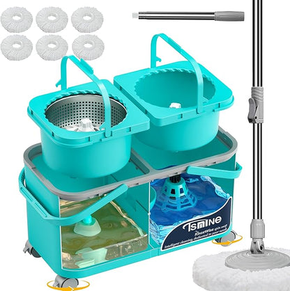 Easy-Use Spin Mop for Cleaner, Controlled Rinsing, Clean & Dirty Water Separation Mop Bucket for Pet & Family Homes,360° Swivel Wheels, Safe for Hardwood & Tile, Adjustable Handle,6 Reusable Mop Heads