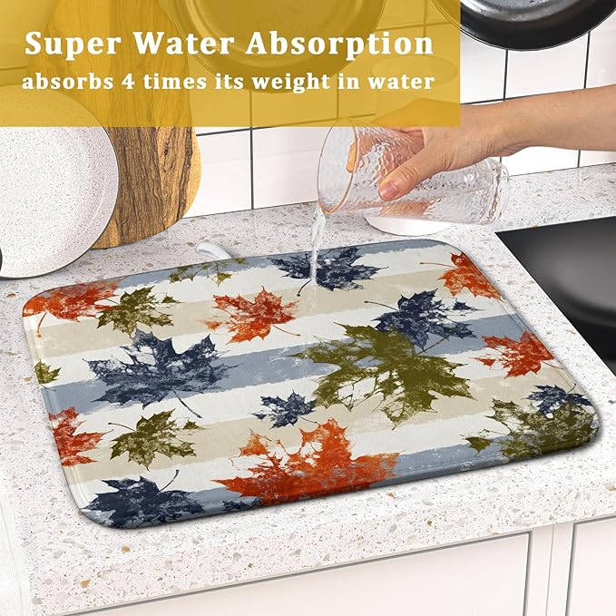 Autumn Colorful Maple Leaves Dish Drying Mat for Kitchen Counter,Blue and White Stripe Drying Mat 16 x 18 Inch with Absorbent Reversible Microfiber Dish Drying Pad Dish Rack Drainer Mat for Coffee Bar