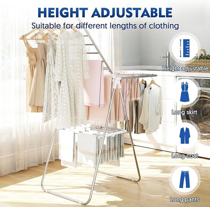 APEXCHASER Clothes Drying Rack, Stainless Steel Drying Rack Clothing with Height-Adjustable, Foldable Gullwings Laundry Drying Rack, Indoor Outdoor Use, No Assembly, White