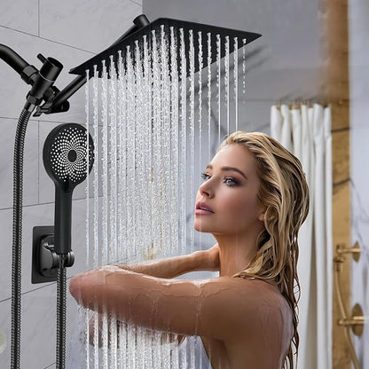 Shower Head, 8 inch Multifunction High Pressure Rain Shower Head with Handheld Spray Combo with 11'' Angle Adjustable Extension Arm/Flow Regulator/Shower System Matte Black